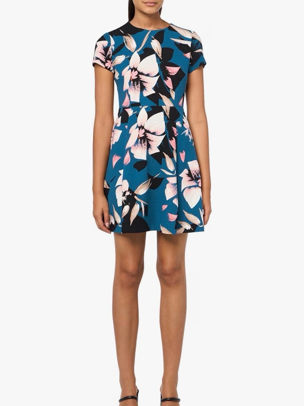 Vince Camuto Teal Floral Short Sleeve Swing Dress